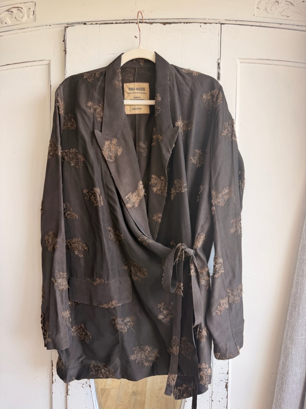 Uma Wang Brown Wrap Robe Blazer with Gold Floral Motif